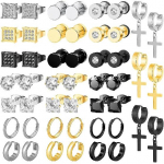NEWITIN 24 poros nerūdijančio plieno auskarų vyrams, hipoalerginiai, su įdėtais kubiniais cirkoniais, studai, lankeliai, kabantys kryžiukai, unisex, punk stiliaus studai Classic black