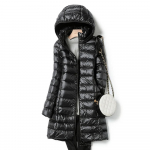 OFTBUY Slim Remove Hooded Parka Madingas Vir&scaron;utinis Drabužis 2023 Žiema Moteri&scaron;ki Pūkiniai &Scaron;varkai Ilgas Lengvas Plonas Paltas Pūkinė Striukė M juoda