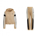 Adidas logotipas, su rai&scaron;teliu gobtuvas, ilgomis rankovėmis striukė ir rankogaliai, laisvalaikio komplektas moterims, chaki spalvos HK0465 XXL