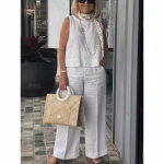 Moteri&scaron;kos vasarinės mados paprastos berankovės palaidinės, laisvos, plačios kelnės, medvilniniai lininiai komplektai, kostiumai ir komplektai moterims 2XL balta