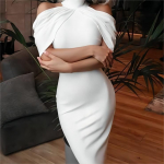 C8217 Auk&scaron;tos klasės eleganti&scaron;ka su atvirais pečiais auk&scaron;tu kaklu suknelė XXL balta