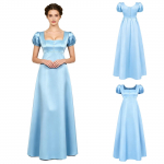 Moterims vakarėlio oficiali suknelė Retro Regency kvadratine i&scaron;kirpte dirbtinių perlų dekoras pūstos rankovės empire juosmuo satininė ilga suknelė užsegimas nugaroje XXL dangaus mėlyna spalva