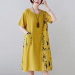 Medvilninė lininė suknelė Nauja vasarinė trumpomis rankovėmis marginta tiesi sijonas Laisvas temperamento sijonas M geltona
