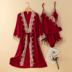 3 vnt pižamos rinkinys Lounge Wear pilnai slystantis nėriniuotas vestuvinis chalatas, &scaron;ortai, kostiumas seksualus moteri&scaron;kas miegui skirtas vasaros satino pižamos namų apranga