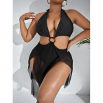 Didelio dydžio žiedas, sujungtas su kontrastiniu tinkleliu, vientisas maudymosi kostiumėlis Sexy Bikini Monokini 0XL juoda
