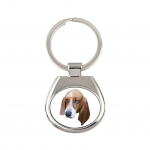 Basset Hound - geometric keychain with a photo and the inscription Art-Dog balta