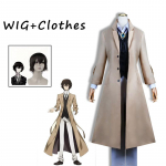 Anime Bungo Stray Dogs Dazai Osamu Cosplay Kostiumas Ilgas Striukė Paltai Tran&scaron;ėjos Lipdukas Tvarsčio Kostiumai Uniforma Helovino Drabužiai L-(Full set+wig)