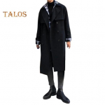 Vyri&scaron;kas vėjo nepraleidžiantis paltas su atlapu, ilgomis rankovėmis, dvieiliu užsegimu, reguliuojamu diržu, tran&scaron;ėjos paltas su ki&scaron;enėmis, vienspalvis, laisvo kirpimo, vidutinio ilgio vir&scaron;utinis drabužis S juoda