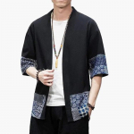 Vyri&scaron;ki japoni&scaron;ki megztiniai kimono, laisvi medvilniniai lininiai 3/4 rankovėmis priekyje, laisvalaikio vasariniai mar&scaron;kiniai S smėlis