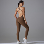 Auroth Back Cross Fitness Sportinis Bodysuit Moteri&scaron;kas One Piece Yoga Romper Slim Beauty Back Bėgantis kombinezonas be rankovių S ruda