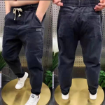 Harajuku Stretch Korea Streetwear Laisvi solidūs džinsiniai džinsai elastingas juosmuo vyrams pavasario vasara plius dydis 7XL 8XL laisvalaikio kelnės S weight38-45kg juoda