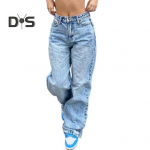 Moteri&scaron;ki plataus kirpimo džinsai auk&scaron;tu juosmeniu tiesaus kirpimo džinsiniai keliai retro pank stiliaus liekninantys keliai iki grindų gatvės madai S smėlis