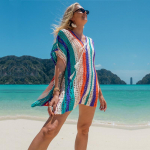 Nauja vintažinė spalvinga megzta bikinio dangtelis Seksuali trikotažinė tu&scaron;čiavidurė V kaklo kaklarai&scaron;tis &scaron;one su i&scaron;kirpte mini suknelė moteri&scaron;ka paplūdimio maudymosi kostiumėlis Cover Up Q1404 One Size įvairiaspalvis