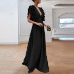 Moteri&scaron;ka Plius dydžio solidi vintažinė skraidyklės rankovėmis atgal tu&scaron;čiavidurė V formos i&scaron;kirptė ilga vakarėliui L juoda