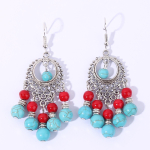 Retro ethnic turquoise tassel earrings Bohemian vacation style color blocking earrings long fashionable earrings 7*3cm mėlyna prancūzi&scaron;ka spalva
