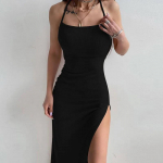 Seksuali juoda ilga Bodycon Suknelė Moteri&scaron;ka Vasarinė Suknelė Be rankovių Be juodo kaklo Su spagečių dirželiais Suknelės su auk&scaron;tu skilimu S juoda