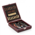 Coffret &eacute;chiquier et oenologie - Jeux d'&eacute;checs - 2 en 1 - Bois et acier inoxydable - Marron - 15x17x15 cm
