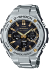 CASIO G-SHOCK G-STEEL GST-W110D-1A9JF Sidabrinis nerūdijančio plieno laikrodis, Tough Solar radijo bangomis valdomas, auksiniai akcentai, prabangus analoginis-skaitmeninis vyri&scaron;kas laikrodis
