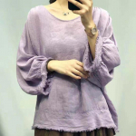 &bdquo;Johnature Autumn Vintage Mori&ldquo; vienspalviai kutai Vintažinio lino moteri&scaron;ki vir&scaron;utiniai palaidiniai mar&scaron;kinėliai su apatine kakleliu One Size violetinė
