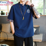 Cosy Up kinieti&scaron;ko stiliaus 1/2 rankovių laisvalaikio mar&scaron;kiniai vyri&scaron;ki ploni stovintys apykaklės siuvinėjimai i&scaron; medvilnės ir lino M tamsiai mėlyna spalva