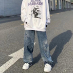 Negabaritiniai &bdquo;Washed Star Pattern&ldquo; platūs džinsai &bdquo;High Street&ldquo; laisvi tiesūs &bdquo;Y2K&ldquo; džinsai Vasaros laisvalaikio gatvės hiphopo moteri&scaron;ki džinsai S