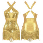 Moteri&scaron;ki vientisi kutai, blizgūs blizgučiai, pramoginių lotynų &scaron;okių triko, plaukiojantis kutais, &scaron;okių kostiumas L auksas
