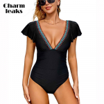 &bdquo;Charmleaks&ldquo; vientisas maudymosi kostiumėlis, spalvotas juostos moteri&scaron;kas &bdquo;Flounce Edge V&ldquo; apykaklės maudymosi kostiumėlis Seksualus &bdquo;Monokini&ldquo; maudymosi kostiumėlis S-XL