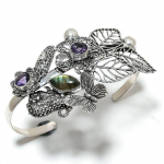 Natūralus labradoritas, ametisto brangakmenis 925 prabos sidabro rankogalių apyrankė, reguliuojama. n2W91