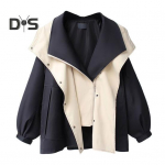 Moteri&scaron;kas vėjo striukė su gobtuvu, spalvotu blokiniu užtrauktuku ir sagutėmis ilgomis rankovėmis, aptemptu juosmeniu, laisvas paltas Cargo stiliaus lauko striukė XXL juoda