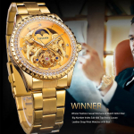 Auksiniai rie&scaron;iniai laikrodžiai su mėnulio fazių dizainu, prabangaus retro stiliaus, mechaniniai laikrodžiai su deimantais, nerūdijančio plieno apyrankė, skeletinis turbijonas, vyri&scaron;ki automatiniai laikrodžiai auksas