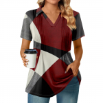 Moteri&scaron;ki mar&scaron;kinėliai trumpomis rankovėmis, klostuoti V kaklo marginti mar&scaron;kinėliai su apykakle Vasariniai vir&scaron;utiniai drabužiai Mada Verslas Laisvalaikis darbas L juoda