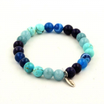 Pierres et Min&eacute;raux. Bracelet Perles Lapis Lazuli + Agate ruban&eacute;e bleu + Aigue-Marine + Fabriqu&eacute; en France.