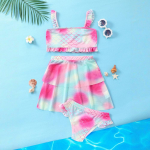 Mergaičių undinėlės formos 3 dalių maudymosi kostiumėliai, mieli greitai džiūstantys bikinio tankiniai komplektai su apklotais paplūdimio sijonais, 7&ndash;14 metų 130(7-8Y)