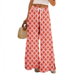 Moteri&scaron;kos vasarinės &bdquo;Boho Palazzo&ldquo; kelnės auk&scaron;tu juosmeniu, plačiomis gėlėmis margintos laisvalaikio kelnės su ki&scaron;enėmis L