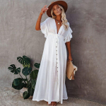 Bikini Cover Up Moteri&scaron;ka Bohemian Beach Maxi Suknelė Medvilninė V kaklo raukiniai Eleganti&scaron;ka tunika maudymosi kostiumėlis, chalatas, ilgas moteri&scaron;kas One Size balta