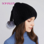 SOMALER moteri&scaron;kos tikros audinės kailio kepurės megztos kailinės kepuraitės su pynėmis žiemos lapės kailiu pomponinės kaukolės kepuraitės