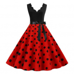 Moteri&scaron;ka midi suknelė su gėlėmis V kaklo rai&scaron;teliais su rai&scaron;teliais auk&scaron;tu juosmeniu, lanko dekoras be rankovių A formos laisvo apvado ta&scaron;kinis spausdinimas retro 50-ųjų 60-ųjų Moteriai be nugaros M raudona