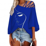 Moteri&scaron;ki pavasario vasaros vir&scaron;utiniai kelnaitės, kreiva apykaklė, 3/4 rankovėmis, veido marginta palaidinė, laisvai prigludę mar&scaron;kinėliai Gatvės drabužiai 2XL karali&scaron;kos mėlynos spalvos