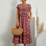 Nauja Mada Laisva Medvilnės Lino Suknelė Moterims Trumpomis Rankovėmis Apvalia Kaklo I&scaron;spausdinta Vasarinė Suknelė Moterims Eleganti&scaron;kos Vintage Laisvalaikio Suknelės Lady 24195 XXL žalia