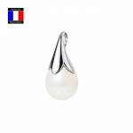 Compagnie G&eacute;n&eacute;rale des Perles - Pendentif Fleur - V&eacute;ritable Perle de Culture Poire 9-10 mm - Or Blanc 18 Carats - Bijou Femme