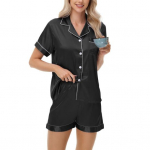 2 vnt./kompl. Pižamos kostiumas satininis vienboris kardiganas mar&scaron;kiniai V formos i&scaron;kirpte atlapinis apykaklė vienspalviai mar&scaron;kiniai su krūtinės ki&scaron;ene laisvi &scaron;ortai naktinių mar&scaron;kinių kostiumas naktiniai drabužiai M