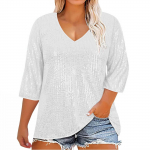 Women's Loose Large Size Solid Color Sequined V-Neck Three-quarter Sleeve T-Shirt Top L juoda