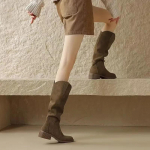 Moteri&scaron;ki kauboji&scaron;ki batai su klostuotu keliu auk&scaron;to džinsinio audinio rudeniniai stambūs auk&scaron;takulniai batai moterims su smailia nosimi Western Cowgirl Botas 41 chaki