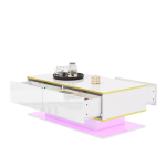 Modernus LED kavos staliukas su blizgiu pavir&scaron;iumi, 100 cm ilgio, aukso spalvos apdaila, 3 stalčiai ir USB LED ap&scaron;vietimo juosta (Reikalingas adapteris/i&scaron;orinė baterija) 100 x 50 x 40 cm