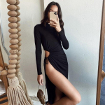 Auk&scaron;tos pusės skeltos seksualios suknelės, moteri&scaron;kos i&scaron;kirptos juodos ilgomis rankovėmis vakarėliui klubo Bodycon ilgos suknelės, rai&scaron;telės, klostuotos Vestidos 24633 S juoda