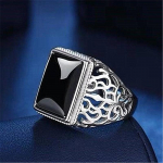Gyvybės medis, tu&scaron;čiaviduris kvadratas, juodas cirkonio agatas, atviras vyrų žiedas su retro obsidiano chalcedonu, vyri&scaron;kas žiedas Resizable