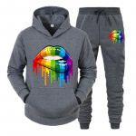 Rudens žiemos moteri&scaron;kas gobtuvas + sportinės kelnės Dviejų dalių sportiniai kostiumai su gobtuvu Bėgiojimo sportiniai kostiumai madingi spalvoti sportiniai kostiumai su marginimu lūpomis