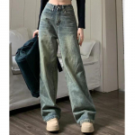 Vintažinės 90S Baggy tiesios džinsinės kelnės moteri&scaron;kos Y2K auk&scaron;tu juosmeniu laisvos plačios džinsai Moteri&scaron;kos gatvės aprangos universalios laisvalaikio kelnės Nauja S mėlyna