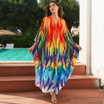 Didelio dydžio maudymosi kostiumėlis &bdquo;Kaftan Bohemian&ldquo; spausdinta V kakleliu, rankovėmis, didele suknele, moteri&scaron;ka paplūdimio apranga