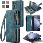 CaseMe Vintage odinis nuimamas magnetinis užtrauktukas Piniginės kortelės lizdas Flip telefono dėklas, skirtas Samsung Galaxy Z Fold 5 4 3 Fold5 Fold4 Fold3 Smūgiams atsparus dangtelis Samsung Galaxy Z Fold 5 mėlyna